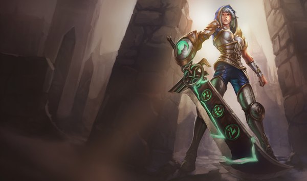 Anime picture 1215x717 with league of legends riven (league of legends) single short hair breasts blonde hair wide image brown eyes ruins girl plant (plants) tree (trees) armor hood huge weapon pillar huge sword column