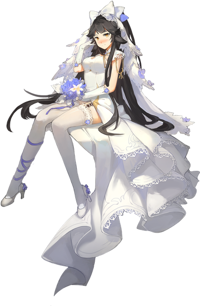 Anime picture 945x1440 with azur lane takao (azur lane) xiaohan single tall image looking at viewer blush breasts black hair sitting holding yellow eyes full body bent knee (knees) very long hair head tilt high heels transparent background frilly skirt girl