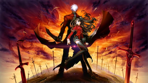 Anime picture 2048x1152 with fate (series) fate/stay night studio deen type-moon toosaka rin archer (fate) missnysha highres brown hair wide image sky white hair couple evening sunset unlimited blade works thighhighs sword