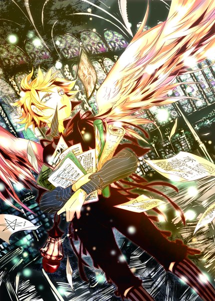 Anime picture 1500x2093 with original chalk karasu single tall image short hair open mouth blue eyes blonde hair standing holding indoors glowing boy ribbon (ribbons) shirt wings socks book (books) lantern paper