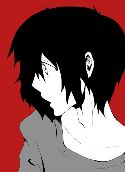 Anime picture 3840x5272 with original tagme (artist) single tall image highres short hair black hair absurdres profile red background white eyes polychromatic boy sweater