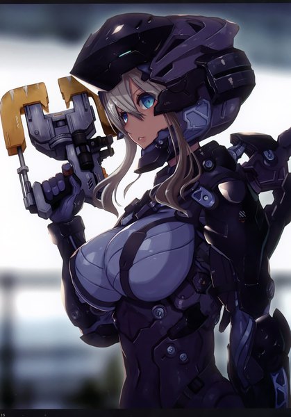 Anime-Bild 4038x5784 mit dead space 2d (artist) single long hair tall image looking at viewer fringe highres breasts blue eyes light erotic hair between eyes large breasts holding payot absurdres parted lips grey hair scan depth of field