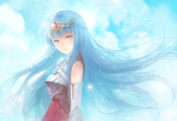 Anime picture 5952x4091 with original orry single long hair looking at viewer blush fringe highres blue hair absurdres sky cloud (clouds) flying girl gloves hair ornament animal elbow gloves armor bird (birds)