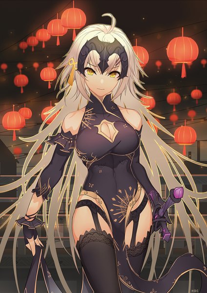 Anime picture 826x1168 with fate (series) fate/grand order jeanne d'arc (fate) (all) jeanne d'arc alter (fate) bikuwa single tall image looking at viewer fringe light erotic blonde hair hair between eyes standing bare shoulders holding signed yellow eyes ahoge very long hair traditional clothes