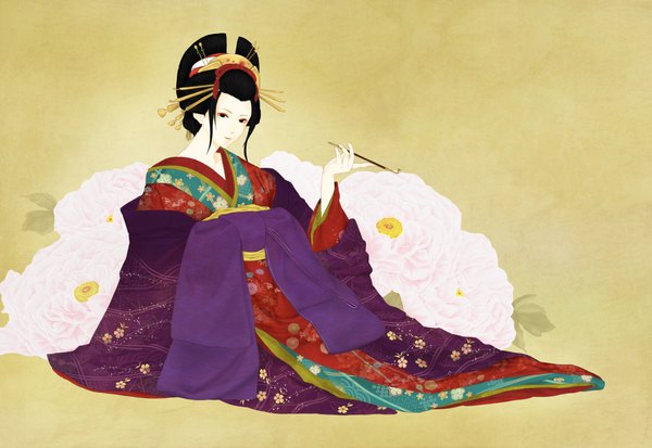 Anime picture 4643x3200 with original tagme (artist) long hair highres black hair sitting absurdres traditional clothes japanese clothes black eyes eyeshadow yellow background girl hair ornament flower (flowers) kimono hairclip pipe kiseru