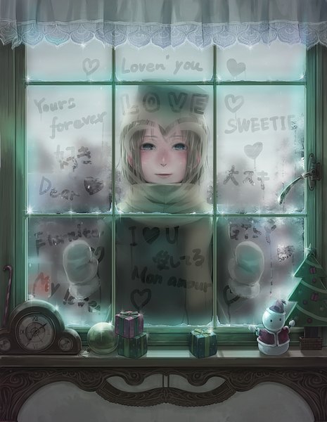 Anime picture 1550x2000 with original lif (lif-ppp) single tall image looking at viewer blush short hair blonde hair green eyes light smile inscription text english new year cold girl headdress window heart scarf