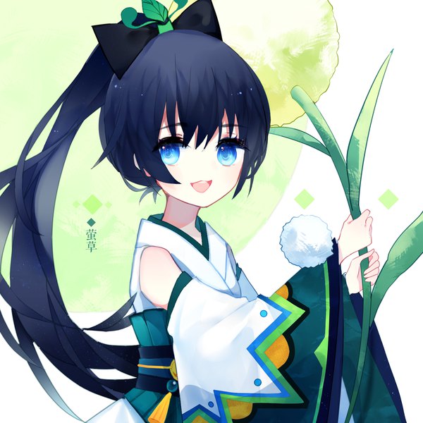 Anime picture 1400x1400 with onmyoji ying grass yu jiu single long hair looking at viewer fringe open mouth black hair smile hair between eyes holding ponytail wide sleeves girl flower (flowers) bow hair bow detached sleeves obi