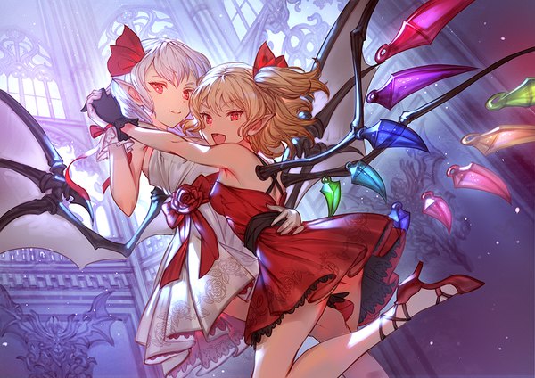 Anime picture 1000x707 with touhou flandre scarlet remilia scarlet makai no juumin looking at viewer fringe short hair breasts open mouth light erotic blonde hair hair between eyes red eyes bare shoulders multiple girls silver hair bent knee (knees) indoors light smile pointy ears