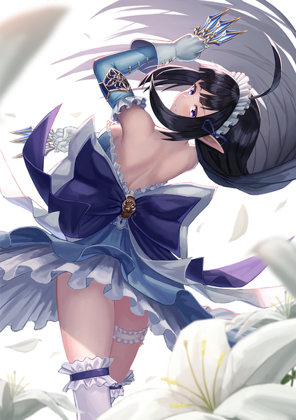 Anime picture 1000x1414 with king's raid mirianne (king's raid) suraimu (suraimuraimu) single long hair tall image looking at viewer blush fringe breasts blue eyes light erotic black hair simple background smile standing bare shoulders payot ahoge looking back
