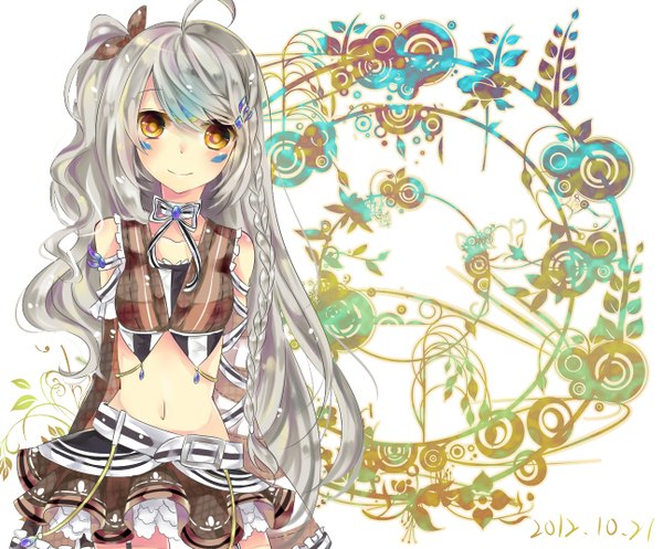 Anime picture 1294x1072 with elsword eve (elsword) weave7769 single long hair looking at viewer blush smile yellow eyes silver hair ahoge braid (braids) bare belly text single braid facial mark hands behind back girl skirt ribbon (ribbons)