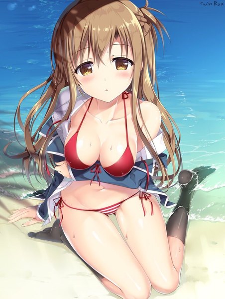 Anime picture 800x1062 with sword art online a-1 pictures yuuki asuna sousouman single long hair tall image looking at viewer blush fringe breasts light erotic hair between eyes brown hair large breasts brown eyes signed cleavage parted lips from above