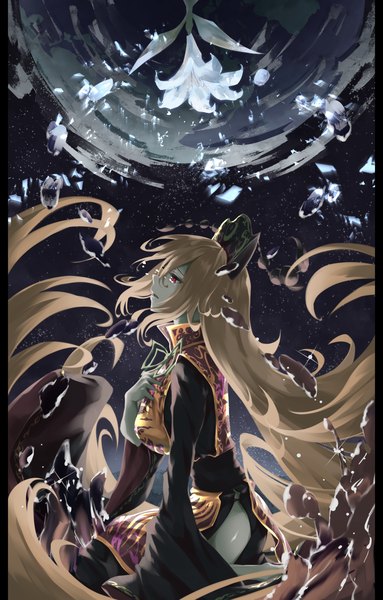 Anime picture 1840x2880 with touhou junko (touhou) otomeza ryuseigun single tall image fringe highres blonde hair hair between eyes red eyes very long hair profile sparkle tears hand on chest girl flower (flowers) lily (flower)