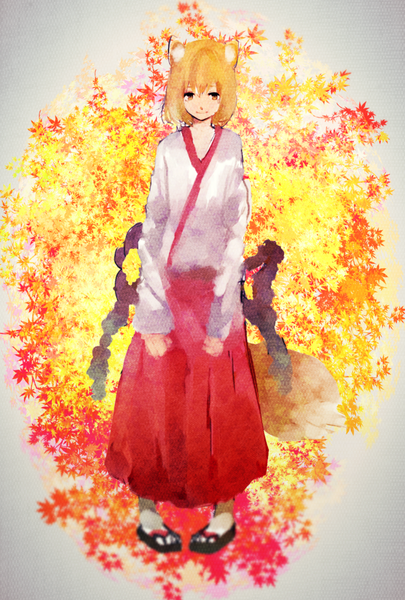 Anime picture 1378x2039 with original tarbo (exxxpiation) single tall image short hair blonde hair smile standing animal ears yellow eyes tail traditional clothes japanese clothes animal tail fox ears fox tail fox girl miko girl leaf (leaves)