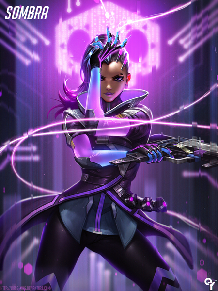 イラスト 2000x2666 と オーバーウォッチ blizzard entertainment sombra (overwatch) 梁星 ソロ 長髪 長身像 highres 黒髪 笑顔 紫目 purple hair multicolored hair realistic ほくろ depth of field character names 泣きぼくろ lipstick dark skin