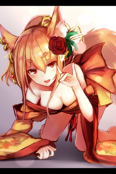 Anime picture 600x900 with original nakaichi (ridil) single tall image fringe short hair breasts light erotic simple background hair between eyes red eyes bare shoulders animal ears tail traditional clothes japanese clothes animal tail wide sleeves no bra fox ears