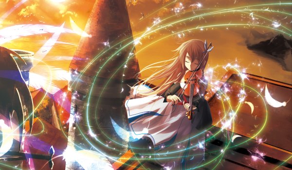 Anime picture 1200x700 with original kouji (astral reverie) single long hair brown hair wide image eyes closed evening sunset girl dress feather (feathers) musical instrument roof violin bow (instrument)