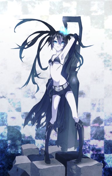 Anime picture 1920x3000 with black rock shooter black rock shooter (character) takka (aegis9294) single long hair tall image highres blue eyes black hair twintails torn clothes glowing scar glowing eye (eyes) checkered background girl navel shorts boots gun