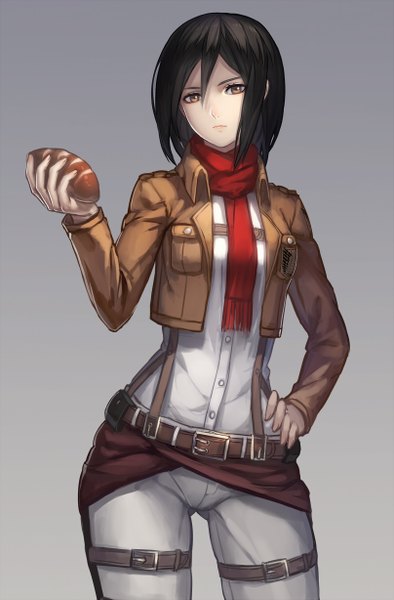 Anime picture 807x1227 with shingeki no kyojin production i.g mikasa ackerman ryuuzaki ichi single tall image looking at viewer short hair black hair simple background brown eyes grey background open clothes open jacket hand on hip serious girl jacket belt scarf