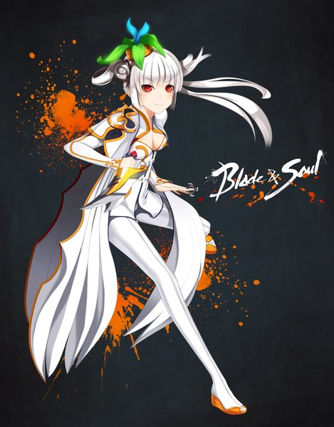 Anime picture 1407x1798 with blade & soul doong (artist) single tall image looking at viewer short hair smile red eyes cleavage silver hair girl weapon dagger
