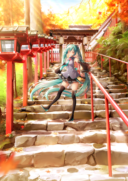 Anime picture 2894x4093 with vocaloid hatsune miku navy (navy.blue) single tall image looking at viewer fringe highres smile hair between eyes standing twintails full body outdoors eyes closed very long hair nail polish pleated skirt blurry aqua hair