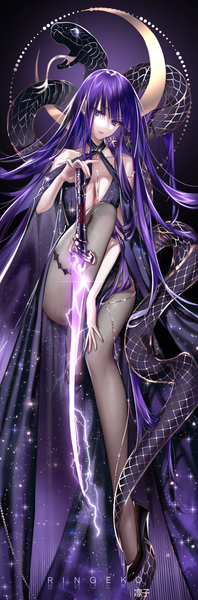 Anime picture 2628x7956 with genshin impact raiden shogun ringeko-chan single tall image looking at viewer fringe highres breasts light erotic large breasts purple eyes holding signed purple hair full body bent knee (knees) blunt bangs very long hair head tilt