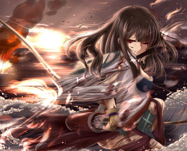 Anime picture 3120x2520 with kantai collection akagi aircraft carrier kisa (k isa) single long hair looking at viewer highres brown hair absurdres one eye closed wink torn clothes evening sunset smoke girl gloves weapon sea armor