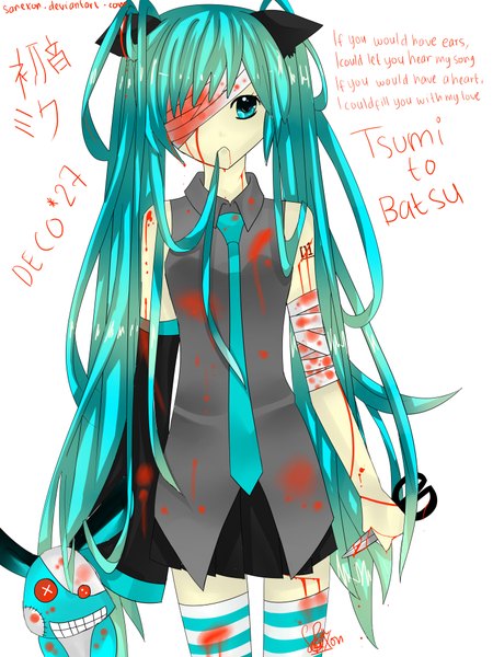 Anime picture 3000x4000 with vocaloid tsumi to batsu (vocaloid) hatsune miku tagme (artist) tall image highres white background twintails animal ears aqua eyes cat ears aqua hair inscription text bandage over one eye bleeding romaji text girl thighhighs skirt
