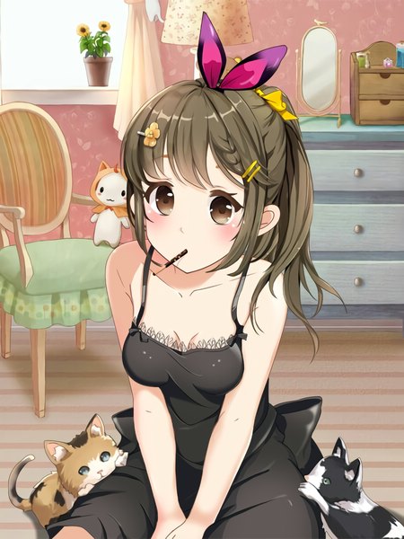Anime picture 900x1200 with original rizkiawan single long hair tall image looking at viewer blush fringe breasts brown hair sitting bare shoulders holding brown eyes payot ponytail indoors braid (braids) embarrassed sleeveless
