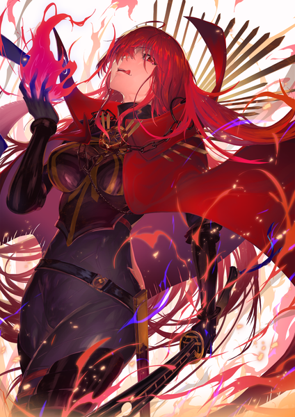 Anime picture 1414x2000 with fate (series) fate/grand order koha-ace oda nobunaga (fate) (all) oda nobunaga (maou avenger) (fate) nijimaarc single tall image looking at viewer fringe breasts simple background red eyes standing white background holding red hair very long hair hair over one eye floating hair
