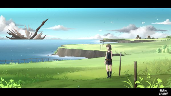 Anime picture 1920x1080 with original bottle (bottle1234) single highres short hair smile brown hair wide image standing signed looking away sky cloud (clouds) profile sleeveless dated plaid skirt letterboxed horizon scenic