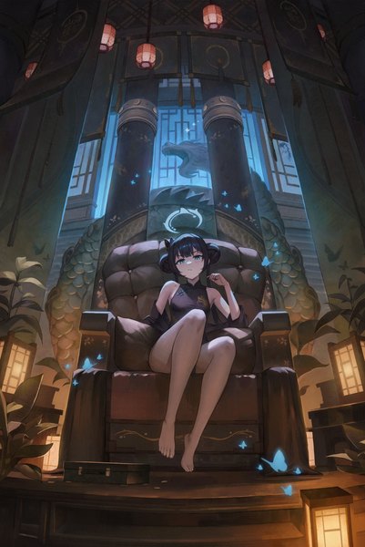 Anime picture 2688x4017 with blue archive kisaki (blue archive) ikkia single long hair tall image looking at viewer blush fringe highres blue eyes light erotic black hair sitting bare shoulders payot full body bent knee (knees) indoors blunt bangs