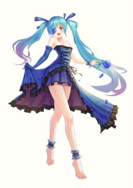 Anime picture 1302x1835 with vocaloid hatsune miku tang single tall image blush open mouth white background twintails bare shoulders very long hair barefoot aqua eyes aqua hair girl dress gloves flower (flowers) petals elbow gloves