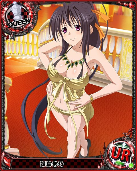 Anime picture 640x800 with highschool dxd himejima akeno single tall image looking at viewer blush breasts light erotic black hair large breasts purple eyes cleavage ponytail very long hair card (medium) hands on hips girl pendant