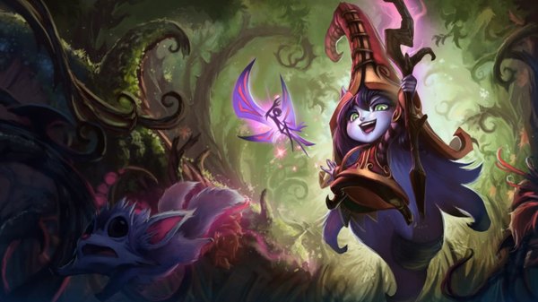 Anime picture 1920x1080 with league of legends lulu (league of legends) single long hair highres wide image green eyes purple hair pointy ears teeth dark skin sharp teeth fairy girl hat animal tree (trees) staff forest