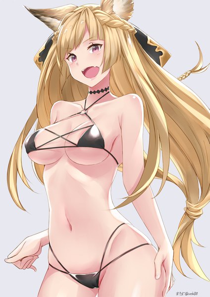 Anime picture 1415x2000 with granblue fantasy yuisis (granblue fantasy) surock single long hair tall image looking at viewer blush fringe breasts open mouth light erotic blonde hair simple background hair between eyes large breasts purple eyes signed animal ears braid (braids)