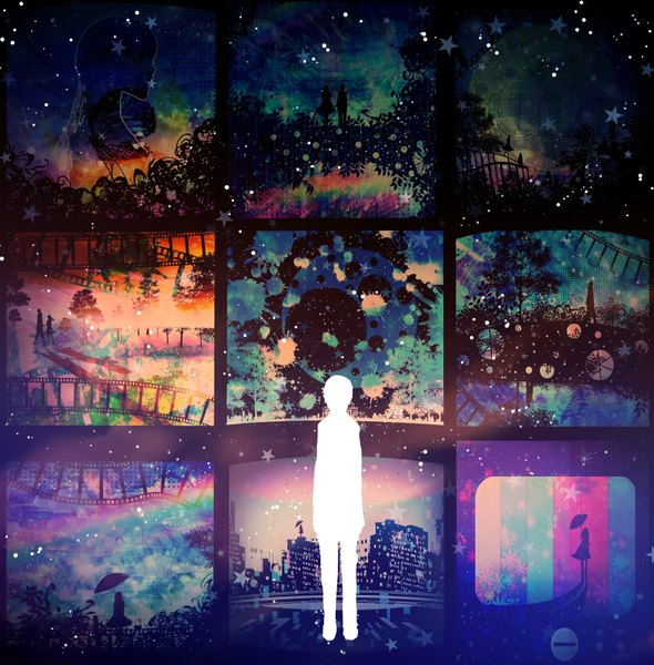 Аниме картинка 1684x1713 с оригинальное изображение harada miyuki высокое изображение мультипросмотр идёт силуэт многоцветный девушка мужчина растение (растения) дерево (деревья) здание (здания) звезда (звёзды) зонт