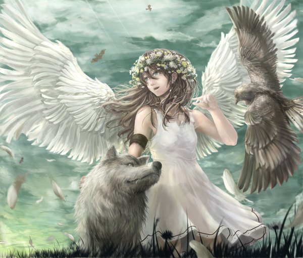 イラスト 1500x1275 と オリジナル 高京 長髪 茶色の髪 空 hair flower 女の子 ドレス 髪飾り 花 動物 翼 白いドレス 鳥 羽 サラファン 花輪 wolf eagle