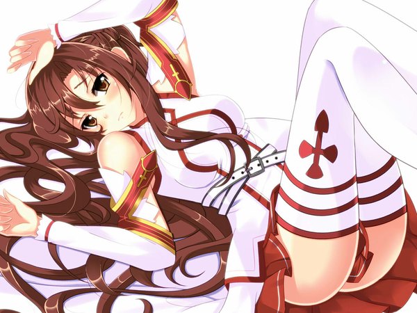 Anime picture 1180x885 with sword art online a-1 pictures yuuki asuna single long hair looking at viewer blush fringe breasts light erotic brown hair brown eyes lying on back girl thighhighs skirt detached sleeves white thighhighs cross