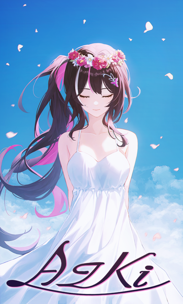 Anime picture 1078x1793 with virtual youtuber hololive azki (hololive) star-ring single long hair tall image blush fringe light erotic brown hair standing bare shoulders sky cloud (clouds) eyes closed multicolored hair wind two-tone hair streaked hair
