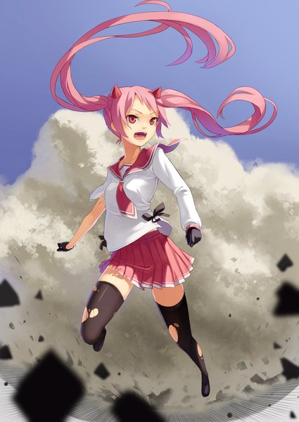 Anime picture 1500x2116 with hidan no aria kanzaki h aria fkey long hair tall image open mouth red eyes twintails pink hair loli explosion girl thighhighs skirt gloves black thighhighs miniskirt shirt serafuku necktie