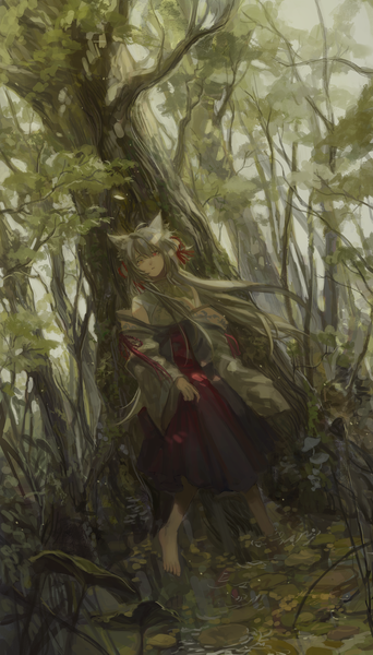 Anime picture 2000x3500 with original cui (jidanhaidaitang) single long hair tall image highres animal ears silver hair full body outdoors traditional clothes japanese clothes barefoot mole mole under eye heterochromia miko girl plant (plants) tree (trees)
