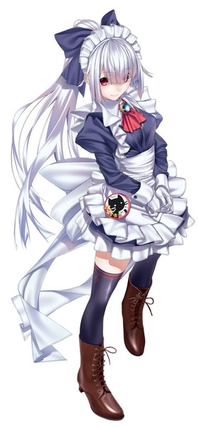 Anime picture 1000x2143 with original doa (wabisabi) single long hair tall image fringe simple background red eyes white background silver hair full body ponytail from above maid girl thighhighs dress gloves uniform bow