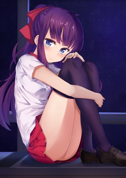 Anime picture 2480x3507 with new game! doga kobo takimoto hifumi yoruka kii (yjkii) single long hair tall image looking at viewer blush highres blue eyes light erotic payot sky purple hair ponytail pleated skirt night night sky rain