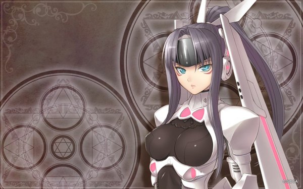 Anime picture 1280x800 with shining (series) shining hearts phantom queen ex-xecty tony taka single long hair blue eyes black hair wide image ponytail magic girl magic circle android