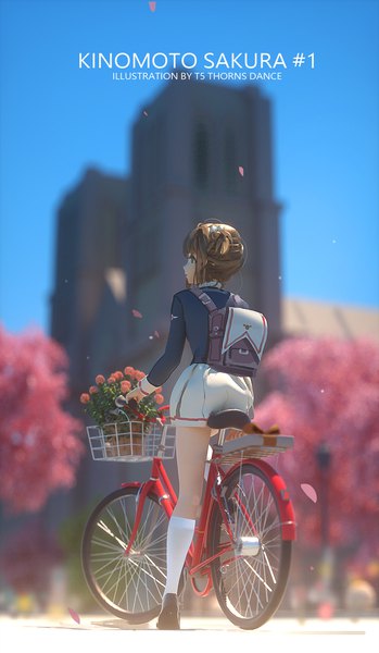 Anime picture 1164x2000 with card captor sakura clamp kinomoto sakura ibara dance single tall image short hair brown hair standing green eyes signed looking away sky full body outdoors long sleeves profile sunlight blurry inscription