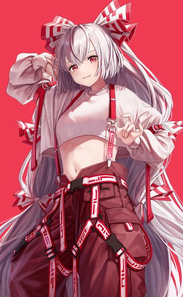 Anime picture 1833x2970 with touhou fujiwara no mokou torinari (dtvisu) single tall image looking at viewer fringe highres simple background hair between eyes red eyes silver hair very long hair midriff red background adapted costume girl bow hair bow suspenders