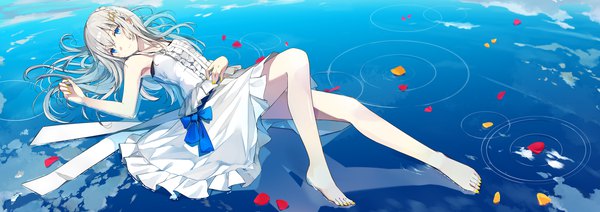 Anime picture 3000x1060 with original sutorora single long hair looking at viewer blush highres blue eyes wide image bare shoulders sky silver hair cloud (clouds) full body bent knee (knees) lying braid (braids) nail polish parted lips barefoot