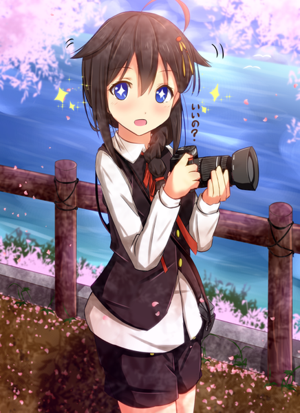 Anime picture 582x800 with kantai collection shigure destroyer cuon (kuon) single long hair tall image blush fringe open mouth blue eyes black hair standing sunlight inscription sparkle cherry blossoms happy remodel (kantai collection) girl ribbon (ribbons)