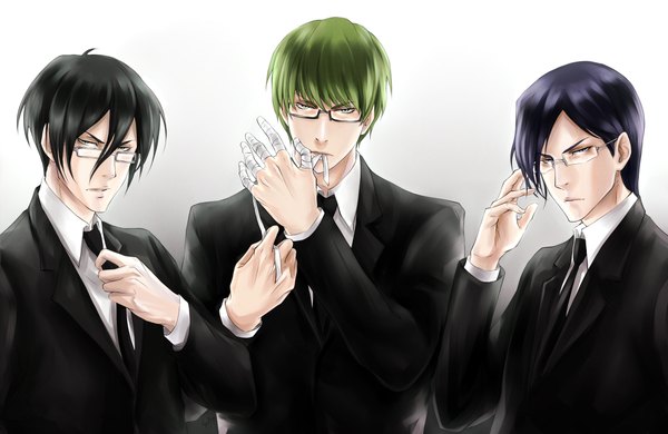 Anime picture 2150x1400 with bleach kuroko no basket psycho-pass studio pierrot production i.g midorima shintarou ishida uryuu nobuchika ginoza lorenamgrim looking at viewer highres short hair black hair simple background white background purple eyes green eyes blue hair green hair grey background