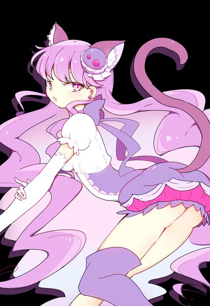 Anime picture 1461x2123 with precure kirakira precure a la mode toei animation kotozume yukari cure macaron mochiusa single tall image looking at viewer blush fringe open mouth light erotic simple background smile purple eyes animal ears purple hair tail very long hair